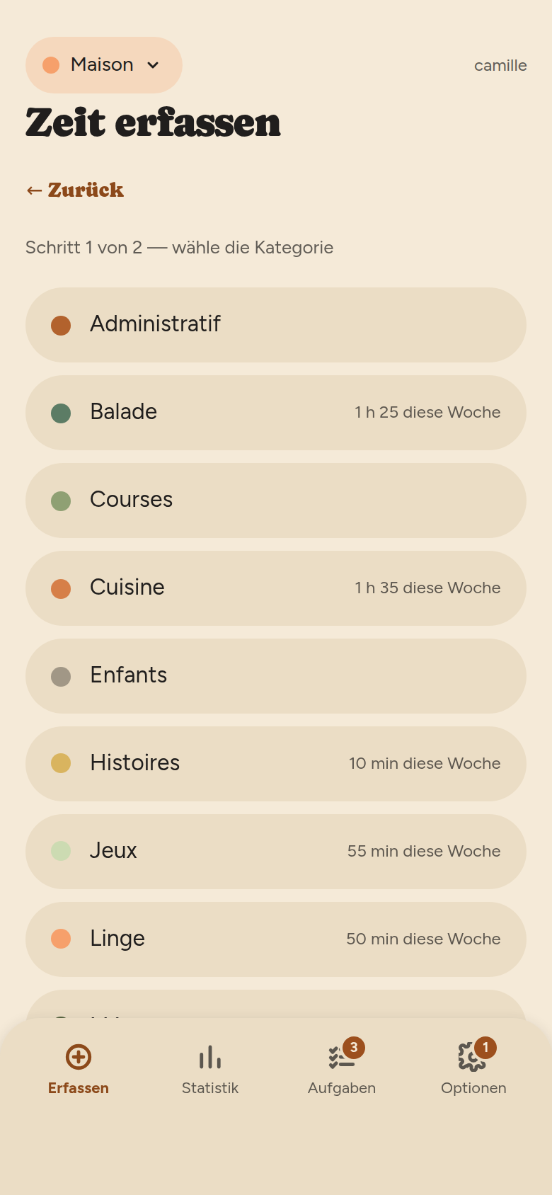 Schritt eins: die Kategorien des Teams als Pillen, jede mit einer Farbe, einem Namen und der Zeit dieser Woche.