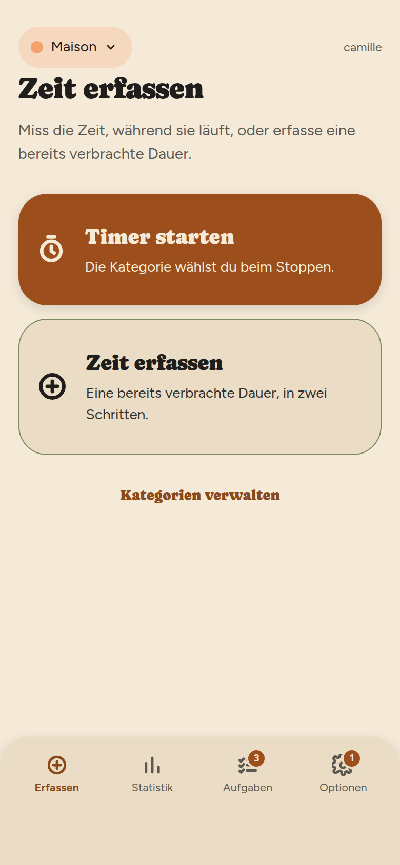 Hinzufügen-Bildschirm: zwei große Karten, „Stoppuhr starten“ und „Zeit hinzufügen“, darunter ein Link „Kategorien verwalten“.
