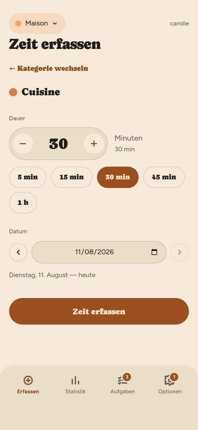 Schritt zwei: die gewählte Kategorie, ein Minutenzähler mit Minus und Plus, Kurzwahlen für 5, 15, 30, 45 Minuten und 1 Std., ein Datumsfeld, die Schaltfläche Zeit hinzufügen.