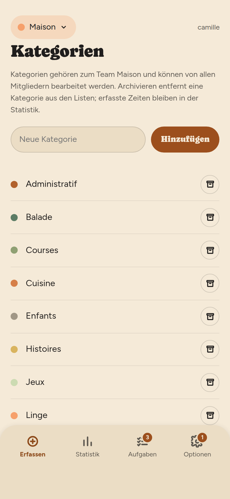 Kategorien-Bildschirm: Hinweis, dass die Kategorien dem Team gehören, Eingabefeld, dann die Liste der Kategorien mit ihren Farben.