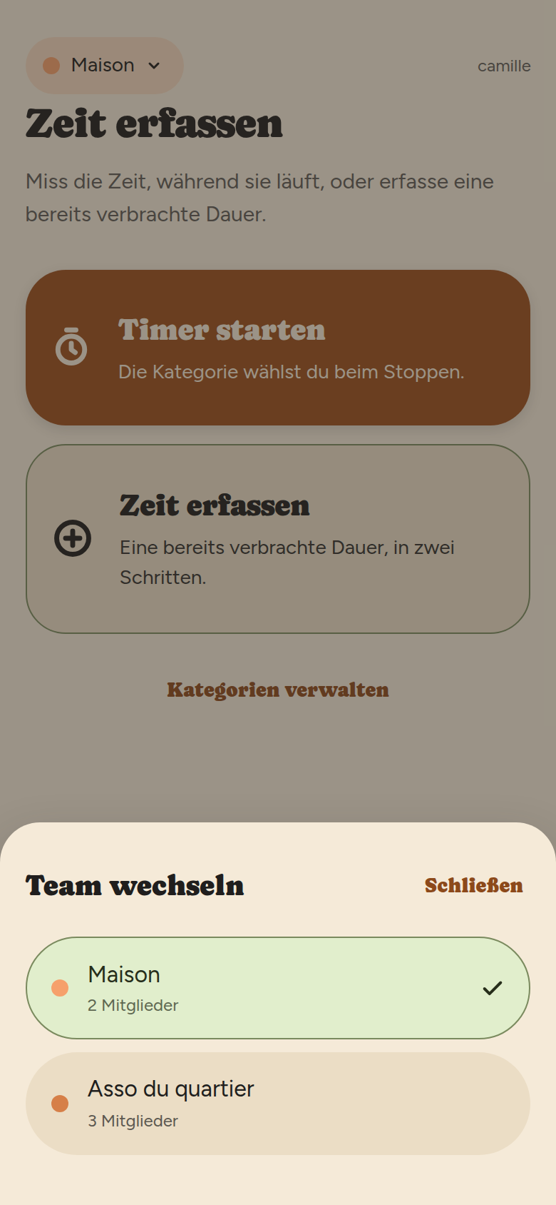 Das Blatt „Team wechseln“ über dem Hinzufügen-Bildschirm, mit der Liste der Teams.