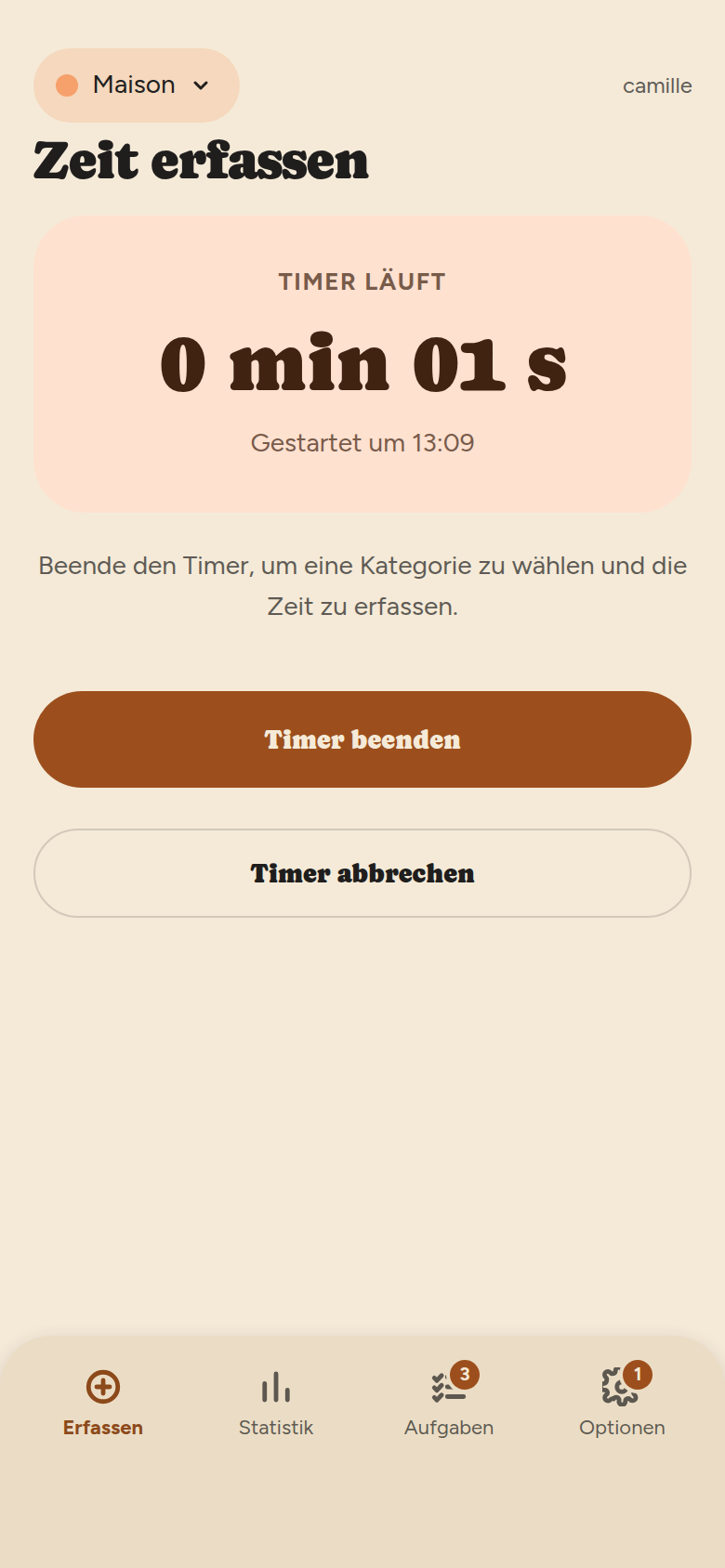 Stoppuhr-Bildschirm: aprikosenfarbene Karte „STOPPUHR LÄUFT“, die verstrichene Zeit groß, die Startzeit, und die Schaltflächen Stoppuhr beenden und Stoppuhr abbrechen.