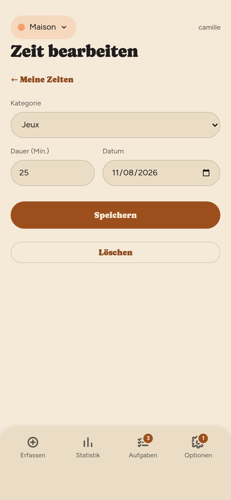 Bildschirm zum Ändern: Auswahlliste der Kategorie, Feld für die Dauer in Minuten, Datumsfeld, Schaltflächen Speichern und Löschen.