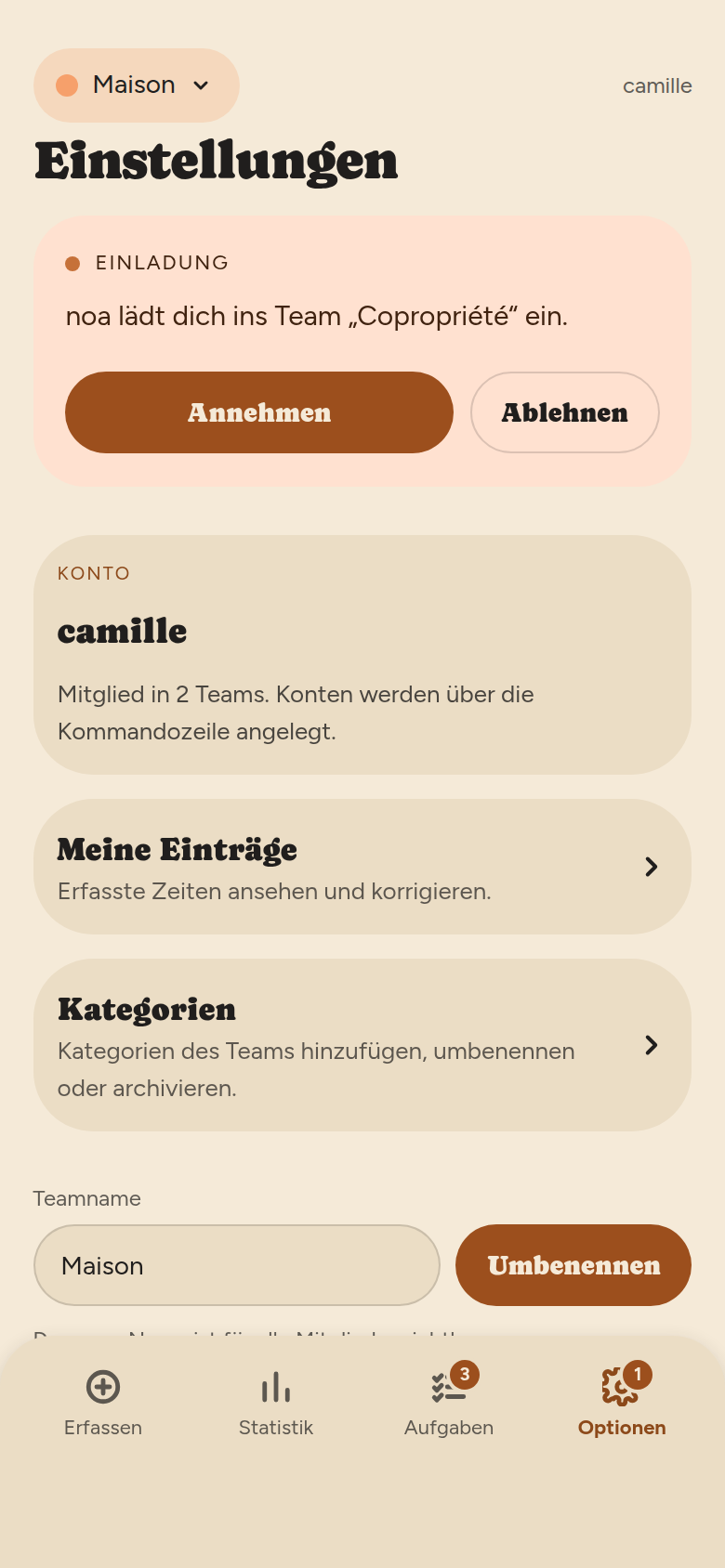 Einstellungen: Karte einer erhaltenen Einladung mit Annehmen und Ablehnen, Karte Konto, Verknüpfungen zu Meine Einträge und Kategorien, Feld zum Umbenennen des Teams.