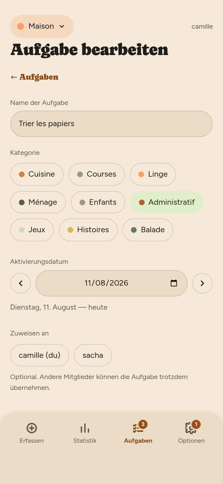 Dasselbe Formular beim Ändern, mit bereits ausgefülltem Namen und gewählter Kategorie.