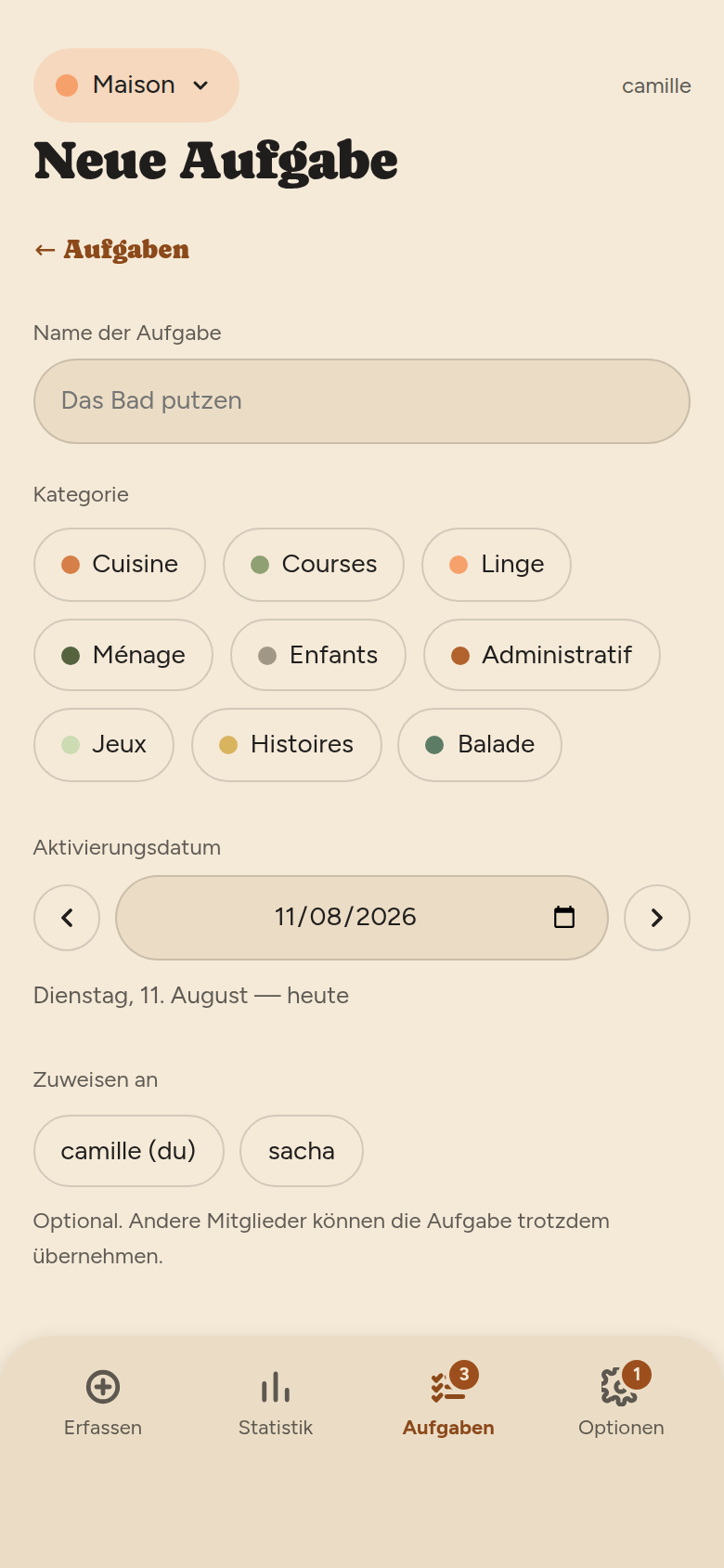 Formular für eine neue Aufgabe: Feld für den Namen, Kategorien als Pillen, Aktivierungsdatum, Liste der Mitglieder zum Zuweisen.