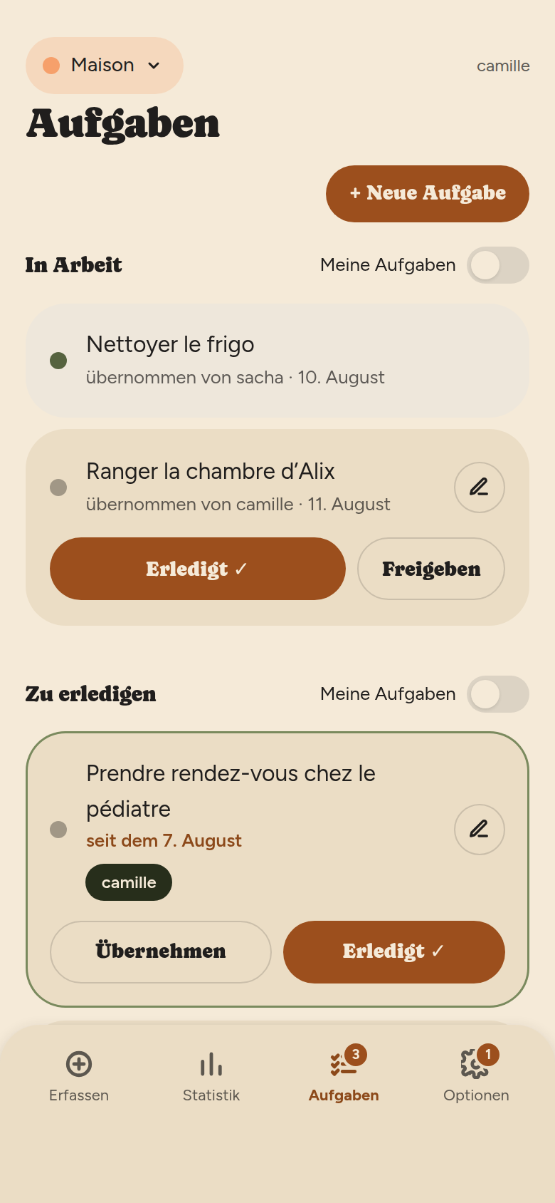 Aufgaben-Bildschirm: Block „Läuft“ mit zwei übernommenen Aufgaben, dann der Block „Zu tun“, jeder Block mit einem Schalter „Meine Aufgaben“.