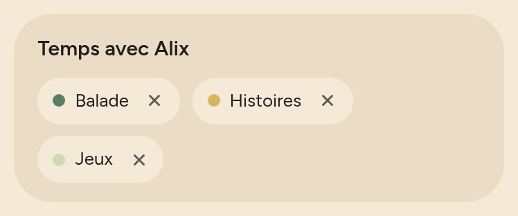 Karte der Gruppe „Temps avec Alix“ mit drei Kategorien, Balade, Histoires und Jeux, jeweils mit einem Kreuz zum Entfernen.