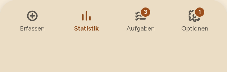 Reiterleiste: Hinzufügen, Statistik, Aufgaben mit einer 3 als Zähler, Einstellungen mit einer 1.
