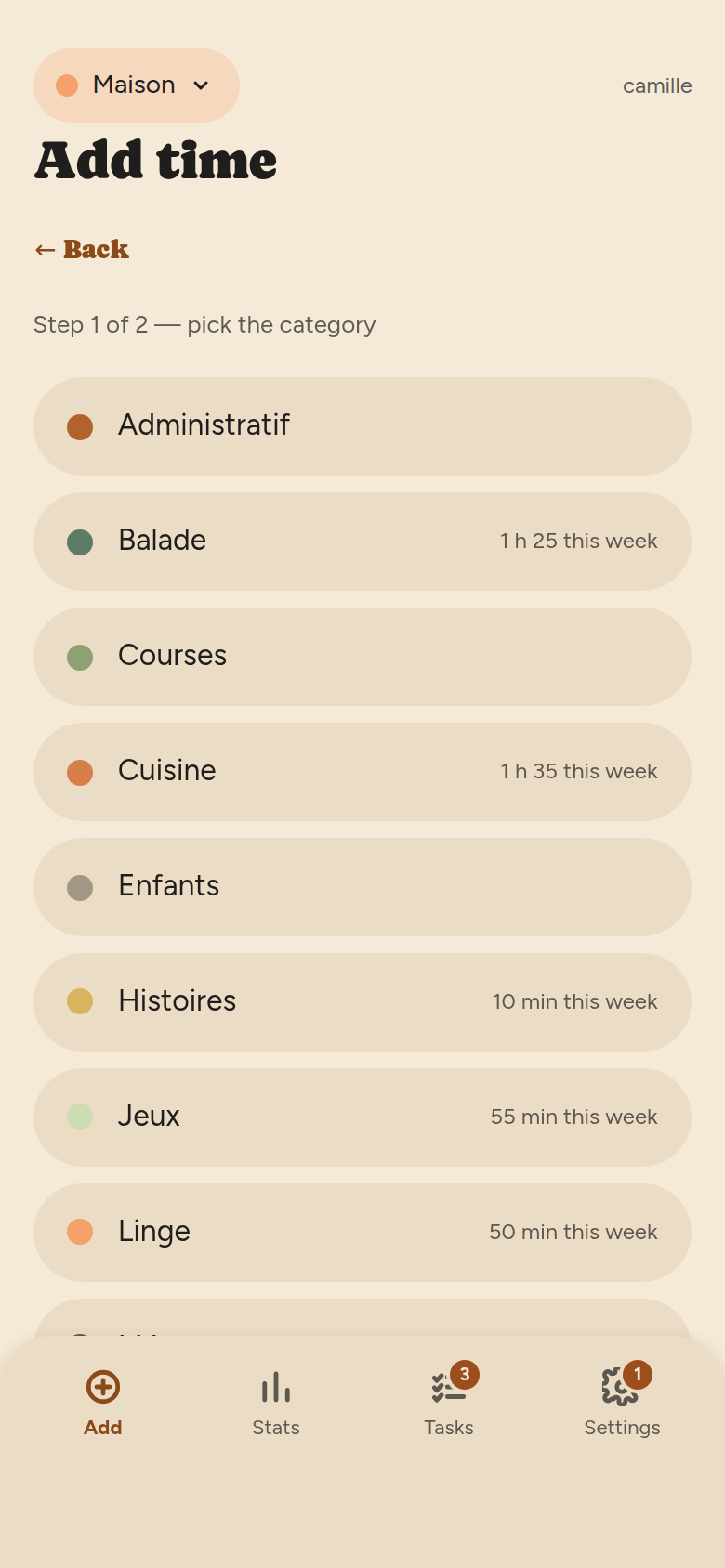 Step one: the team categories listed as pills, each with a colour, a name and the time already logged this week.