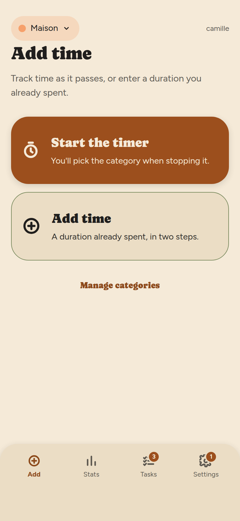 Add screen: two large cards, “Start the timer” and “Add time”, then a “Manage categories” link.