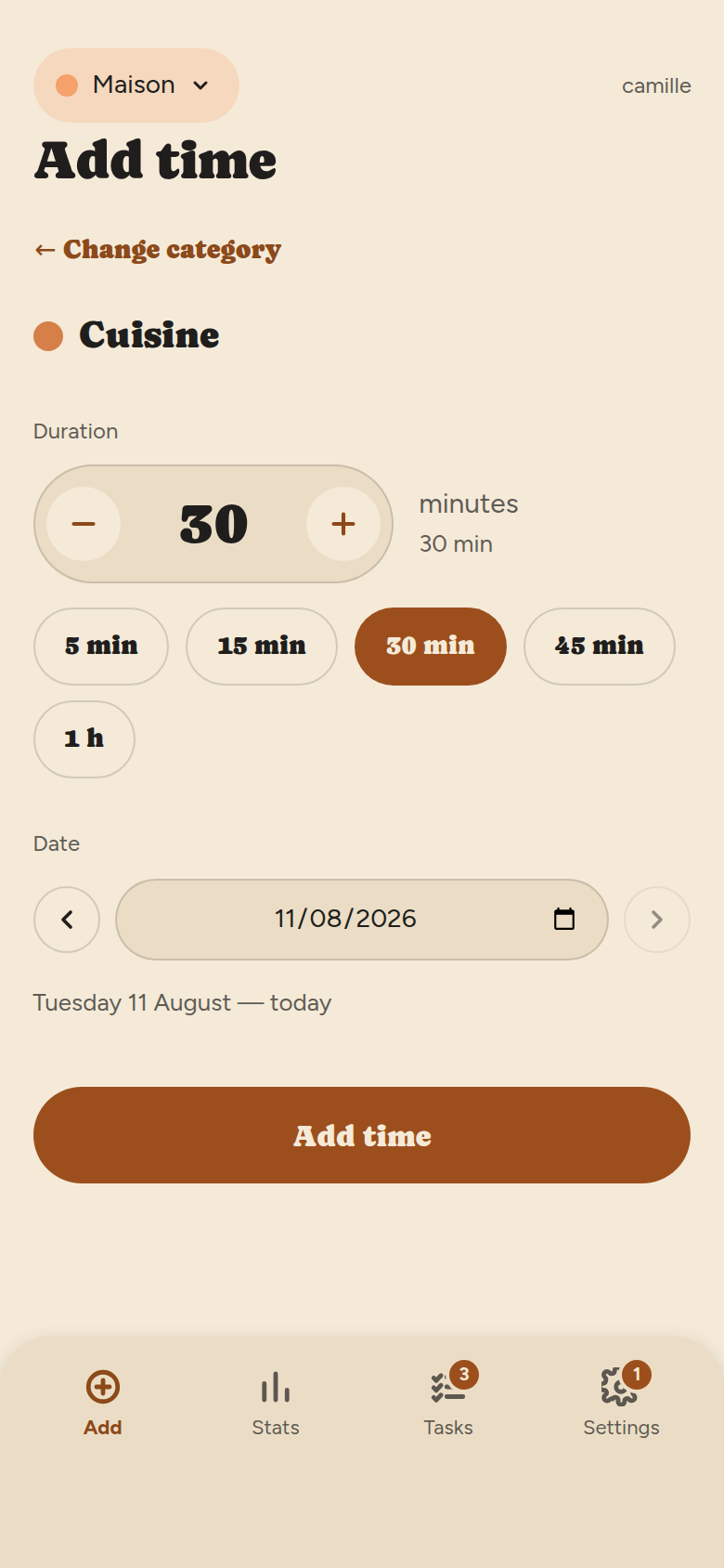 Step two: the chosen category, a minute counter with minus and plus buttons, shortcuts for 5, 15, 30, 45 minutes and 1 h, a date picker, and the Add time button.