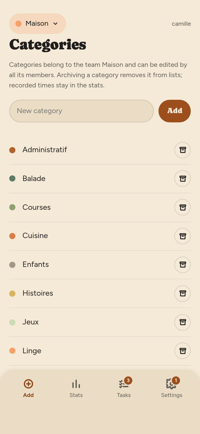 Categories screen: a reminder that categories belong to the team, an add field, then the list of categories with their colours.