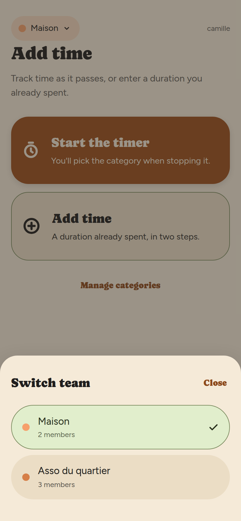 The “Change team” sheet open over the Add screen, listing the teams.