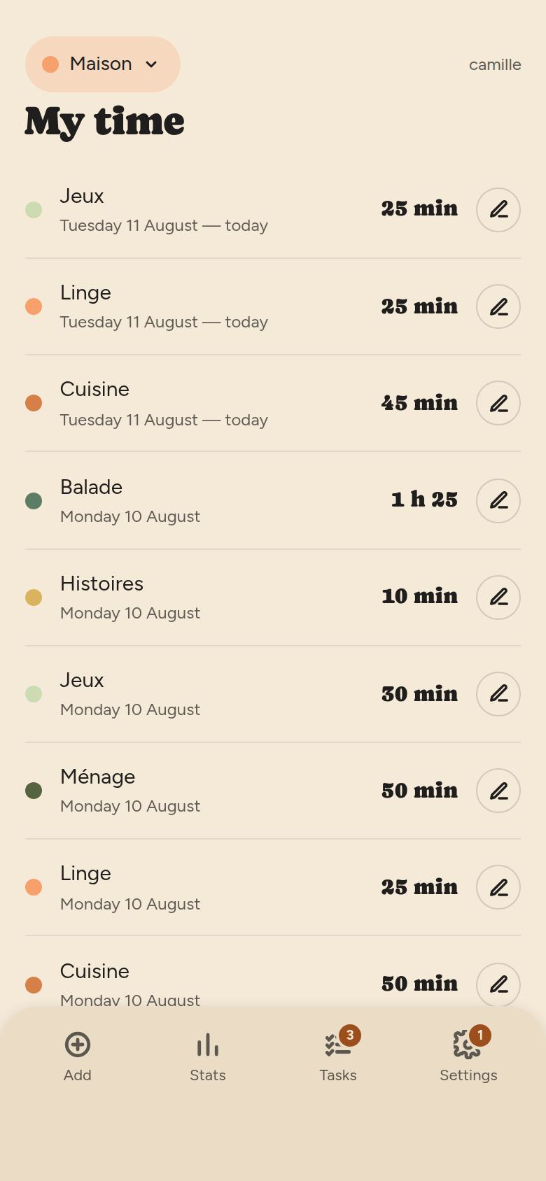 The “My time” list: one row per entry, with the category colour, its name, the date and the duration, plus a pencil for editing.