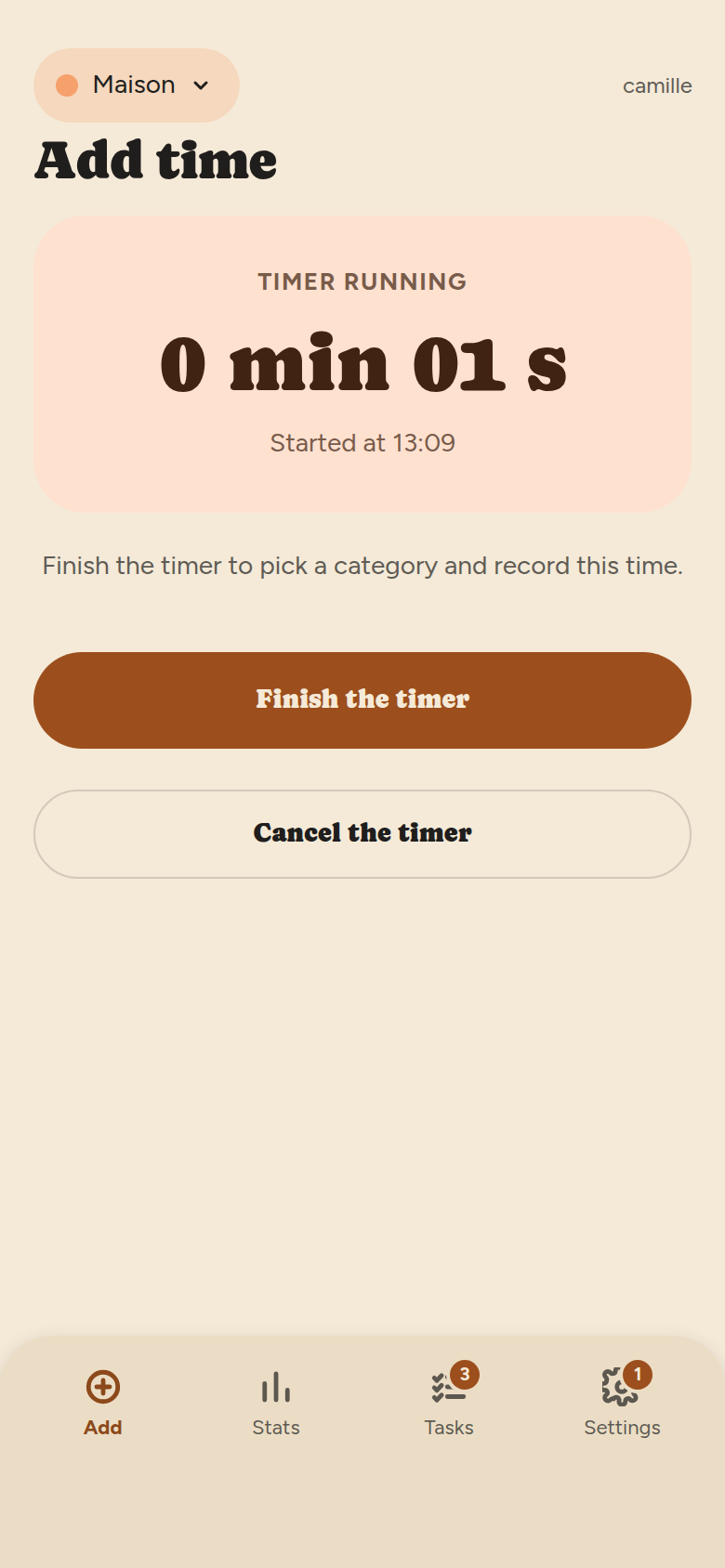 Timer screen: apricot card reading “TIMER RUNNING”, the elapsed time in large type, the start time, and the buttons Finish the timer and Cancel the timer.