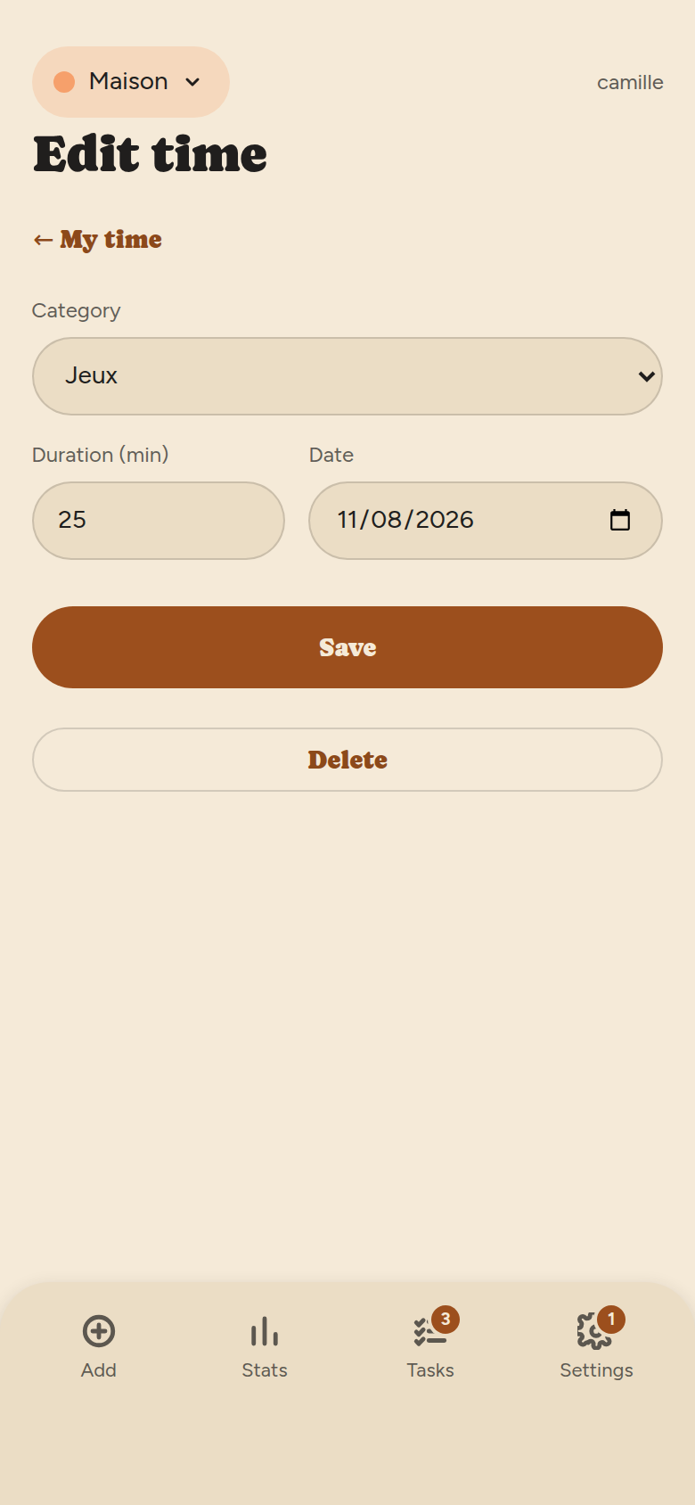 Edit screen: a category dropdown, a duration field in minutes, a date field, a Save button and a Delete button.