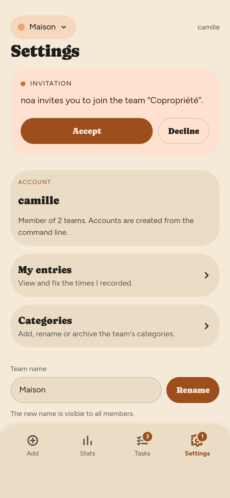 Settings screen: a received invitation card with Accept and Decline, an Account card, shortcuts to My entries and Categories, and the team renaming field.