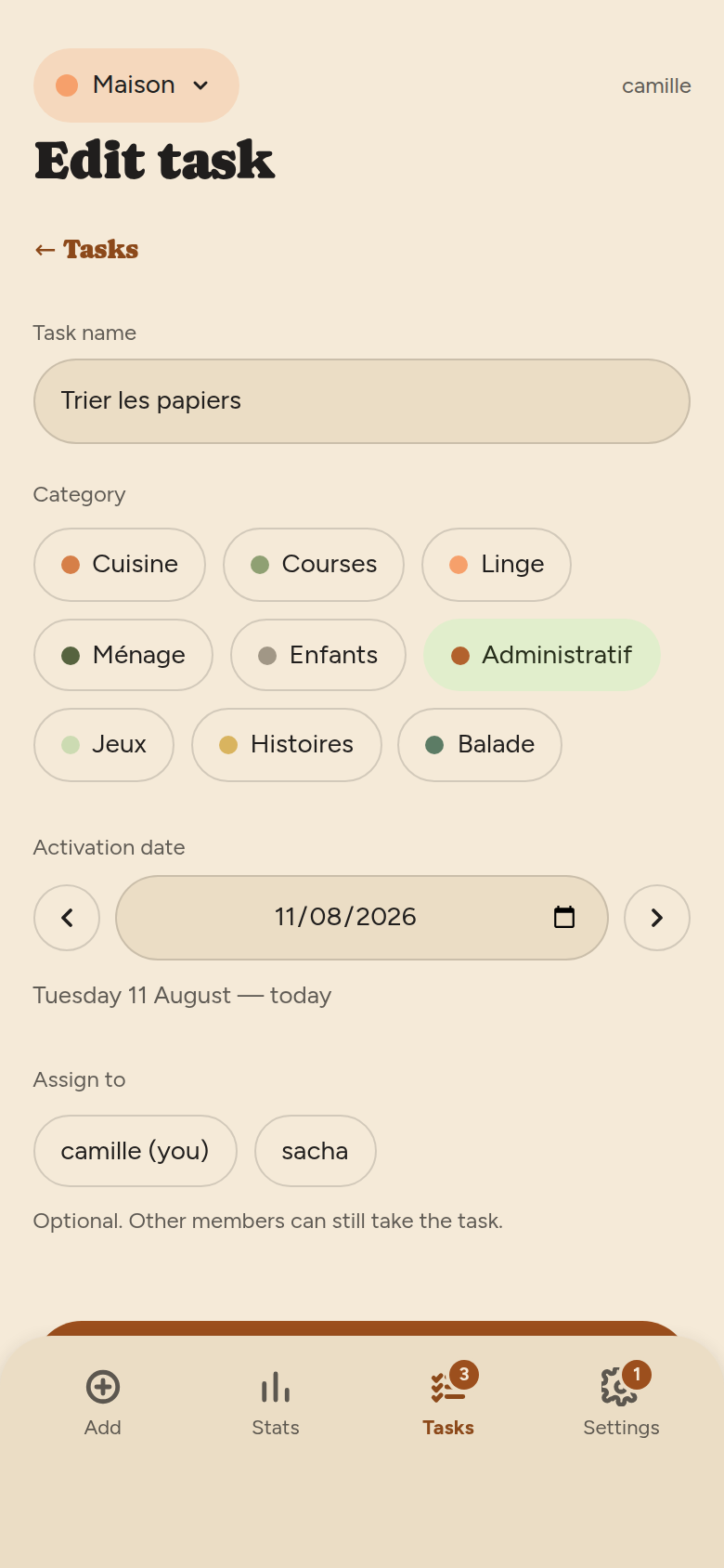The same form in editing mode, with the name and category already filled in.