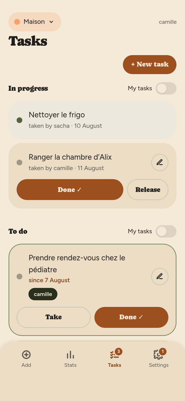 Tasks screen: an “In progress” block with two taken tasks, then a “To do” block, each block having a “My tasks” switch.