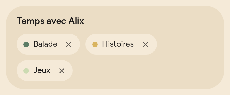 Card of the “Temps avec Alix” group holding three categories, Balade, Histoires and Jeux, each with a cross to remove it.