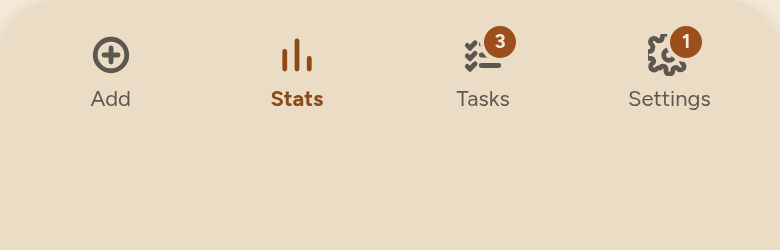 Tab bar: Add, Stats, Tasks with a badge showing 3, Settings with a badge showing 1.