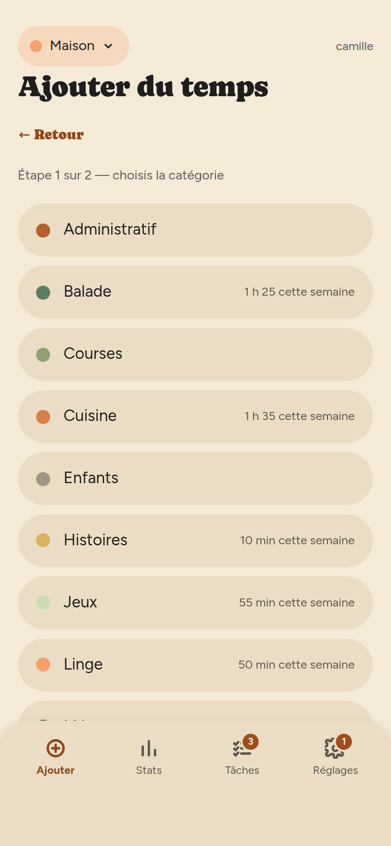 Étape 1 : liste des catégories de l'équipe sous forme de pastilles, chacune avec une couleur, un nom et le temps passé cette semaine.