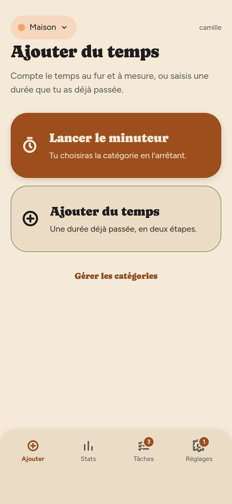 Écran Ajouter : deux grandes cartes, « Lancer le minuteur » et « Ajouter du temps », puis un lien « Gérer les catégories ».