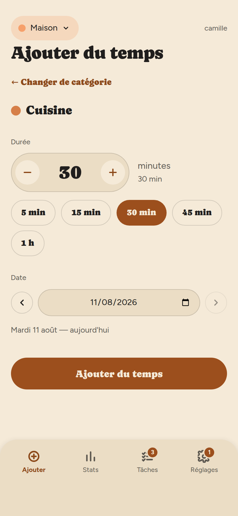 Étape 2 : nom de la catégorie choisie, compteur de minutes avec boutons moins et plus, raccourcis 5, 15, 30, 45 minutes et 1 h, sélecteur de date, bouton Ajouter du temps.