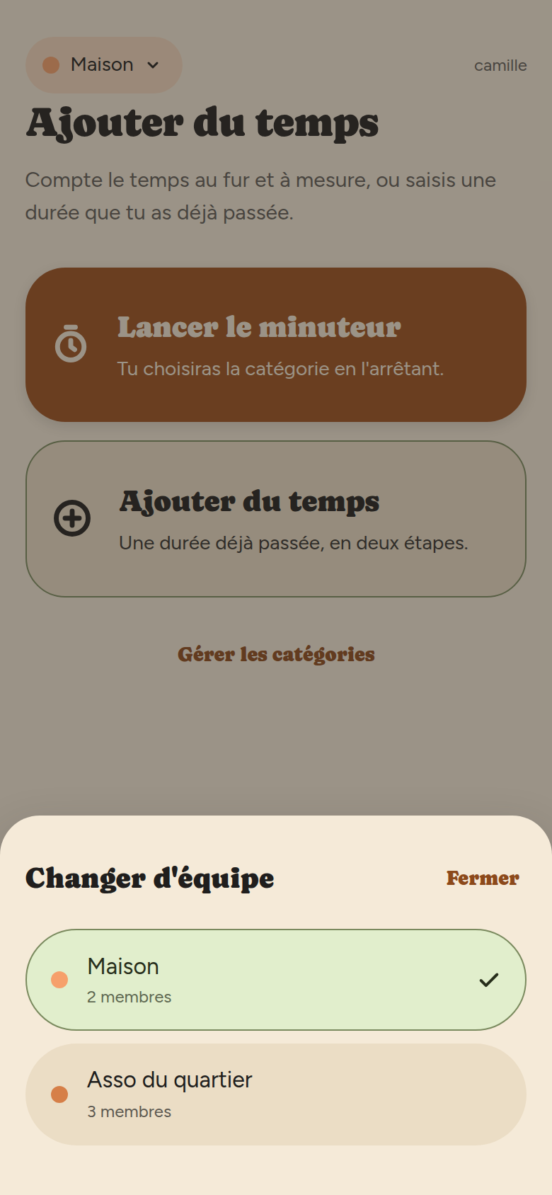 Feuille « Changer d'équipe » ouverte par-dessus l'écran Ajouter, avec la liste des équipes.