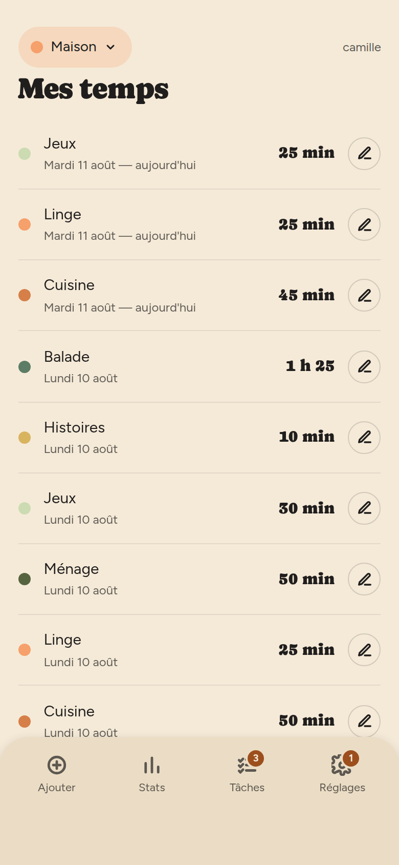 Liste « Mes temps » : une ligne par saisie, avec la couleur de la catégorie, son nom, la date et la durée, plus un crayon de modification.
