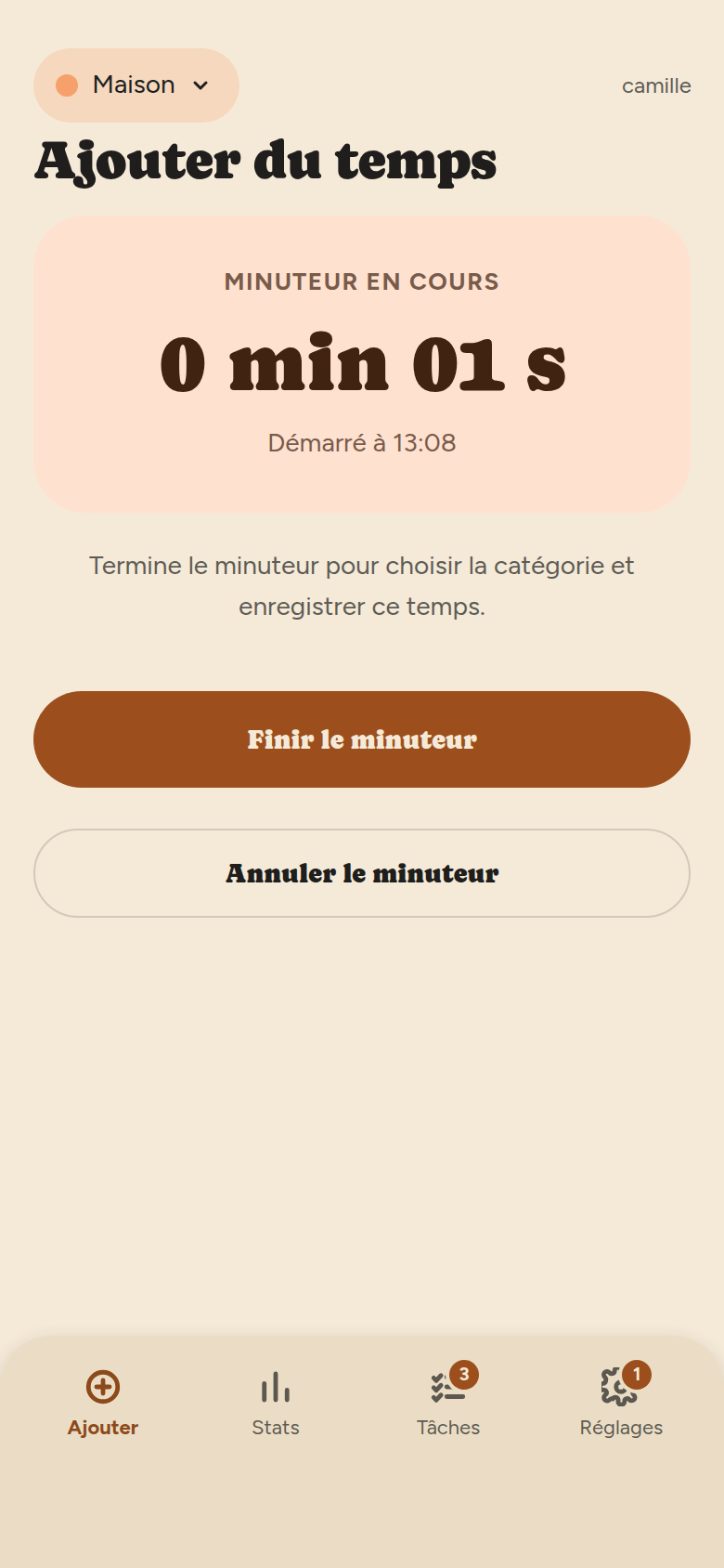 Écran du minuteur : carte abricot « MINUTEUR EN COURS », durée écoulée en gros, heure de départ, boutons Finir le minuteur et Annuler le minuteur.