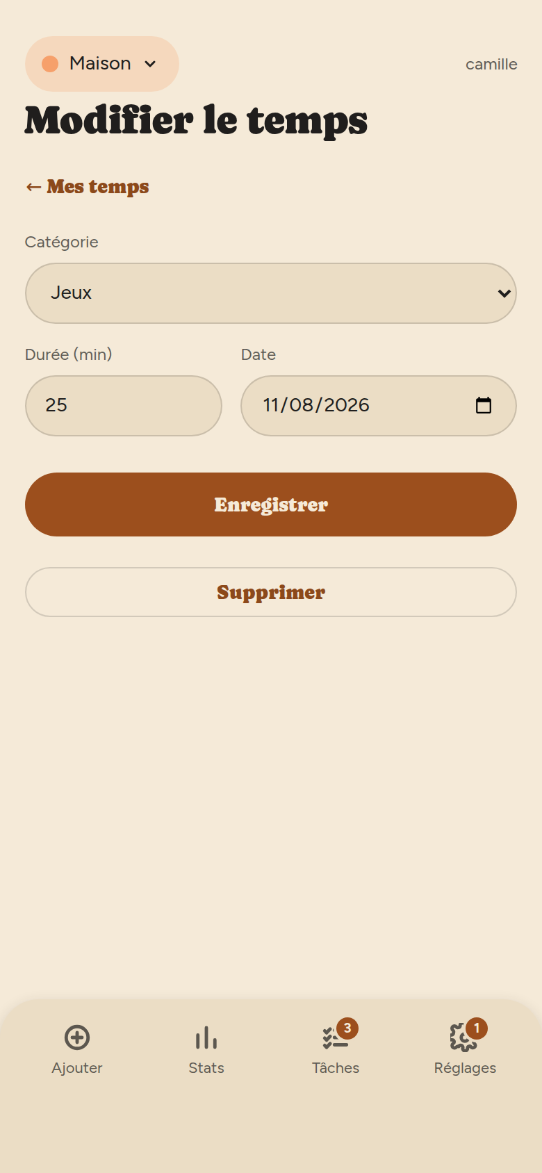 Écran Modifier le temps : liste déroulante de catégorie, champ de durée en minutes, champ de date, bouton Enregistrer et bouton Supprimer.