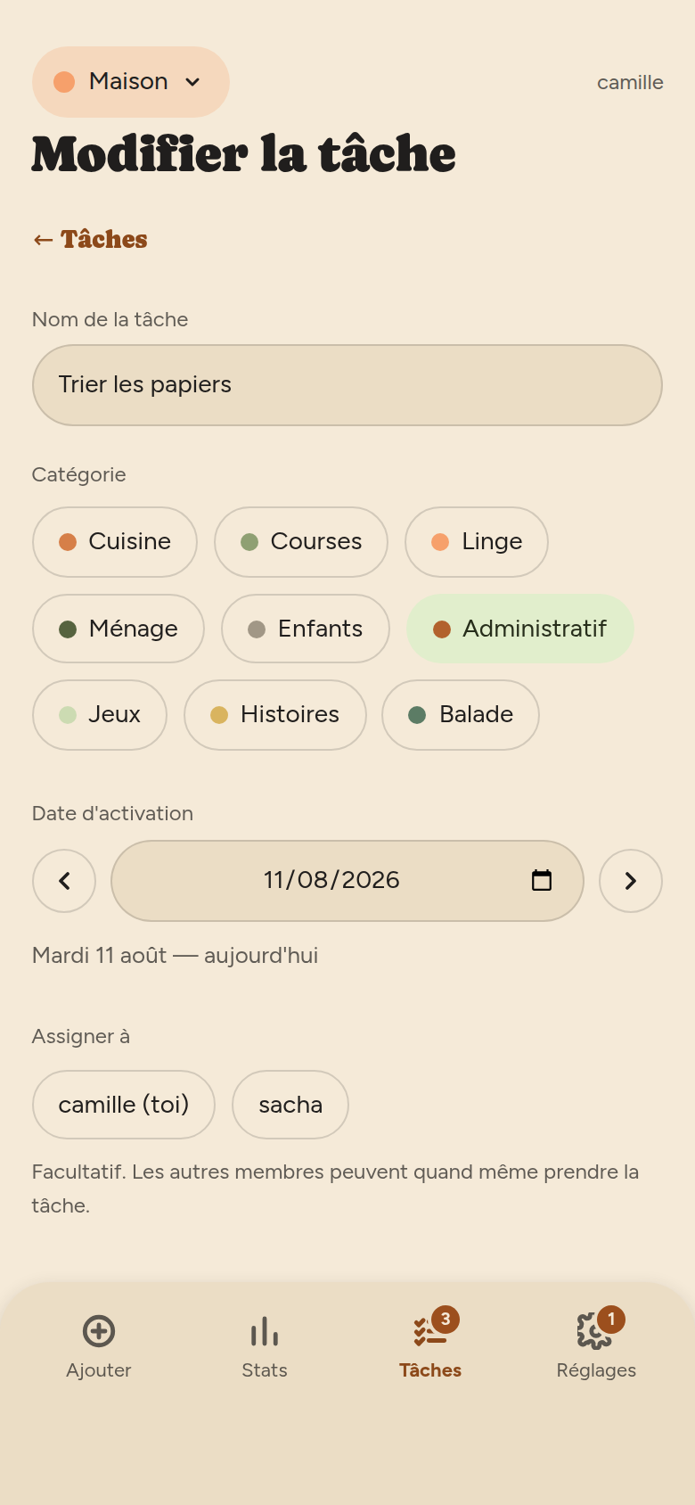 Le même formulaire en modification, avec le nom et la catégorie déjà remplis.