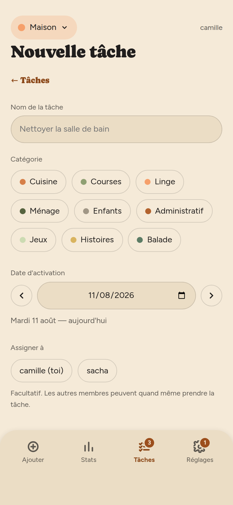 Formulaire de nouvelle tâche : champ Nom de la tâche, choix de la catégorie en pastilles, date d'activation, liste des membres à assigner.