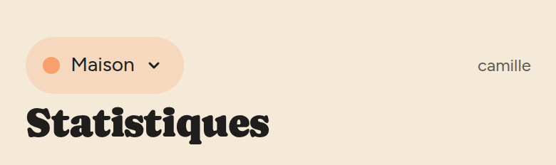 En-tête : pastille verte de l'équipe Maison à gauche, nom d'utilisateur à droite, titre de la page en dessous.