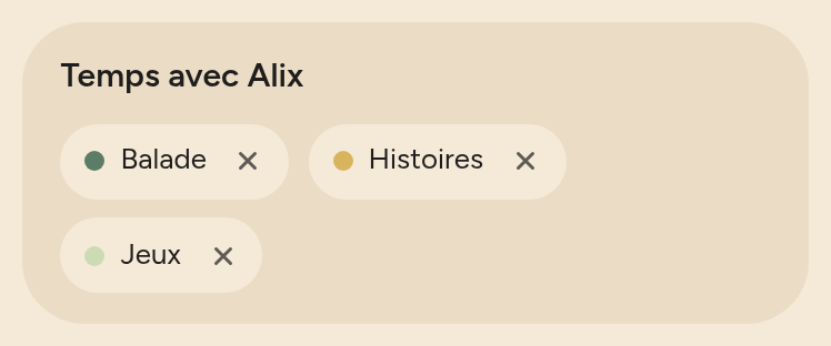 Carte du groupe « Temps avec Alix » contenant trois catégories, Balade, Histoires et Jeux, chacune avec une croix pour la retirer.