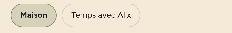 Deux pastilles de navigation : Maison, sélectionnée, et Temps avec Alix.